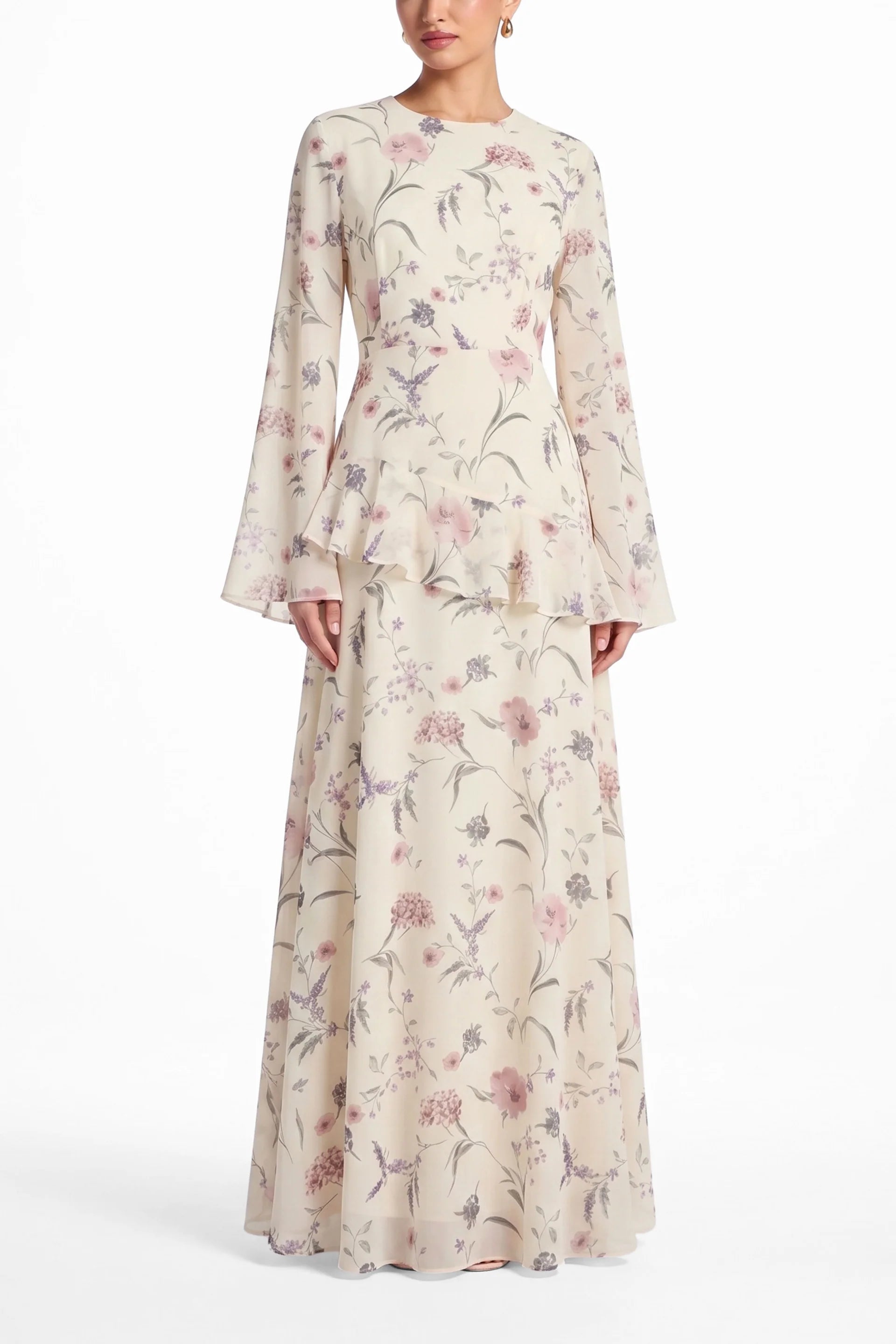Elegant Luxury Lightweight Long Sleeve Maxi Dress-Floral