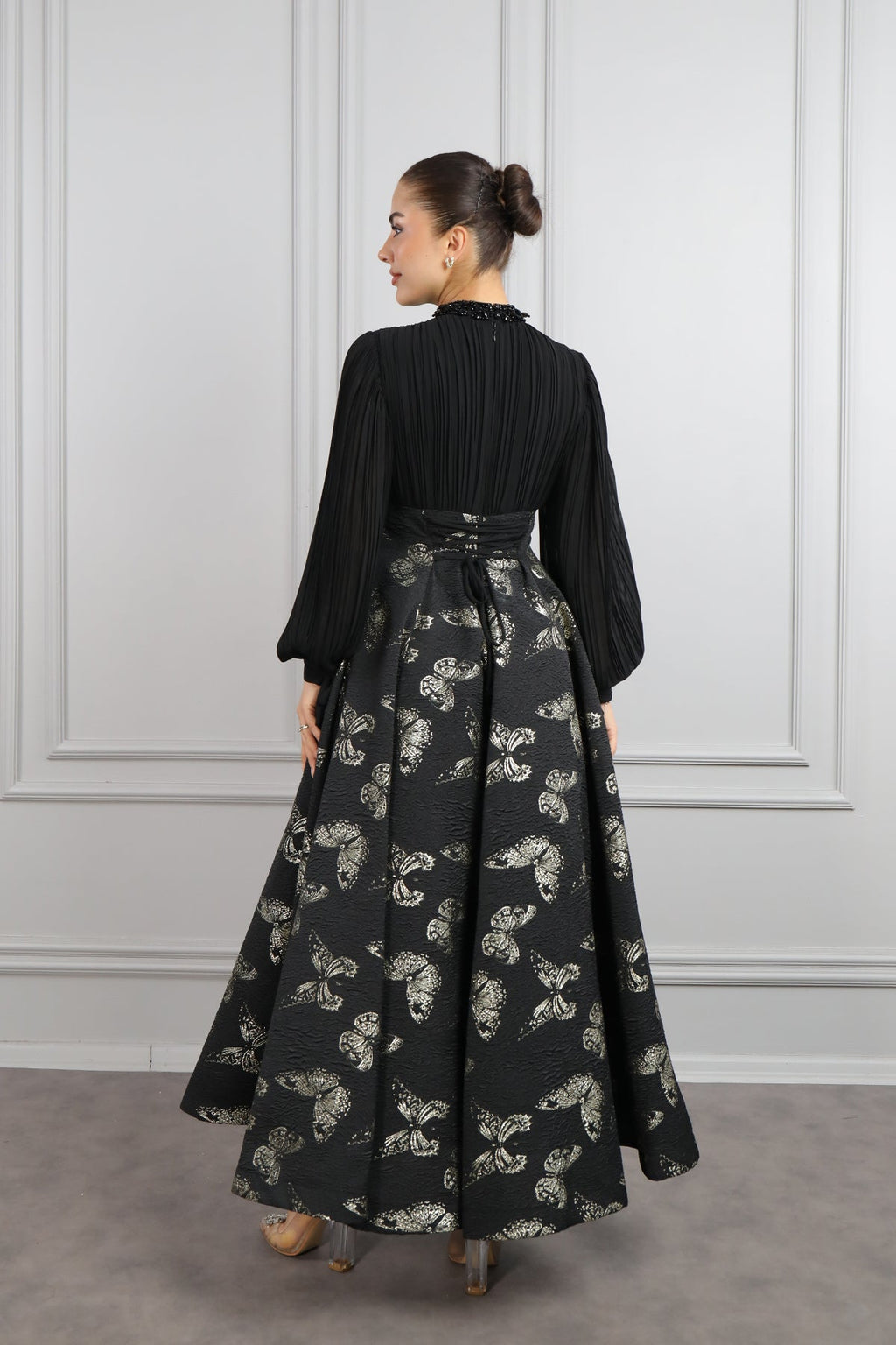 Elegant Gold-Stamped Romantic Long Sleeve Maxi Dress-Black