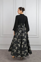 Elegant Gold-Stamped Romantic Long Sleeve Maxi Dress-Black