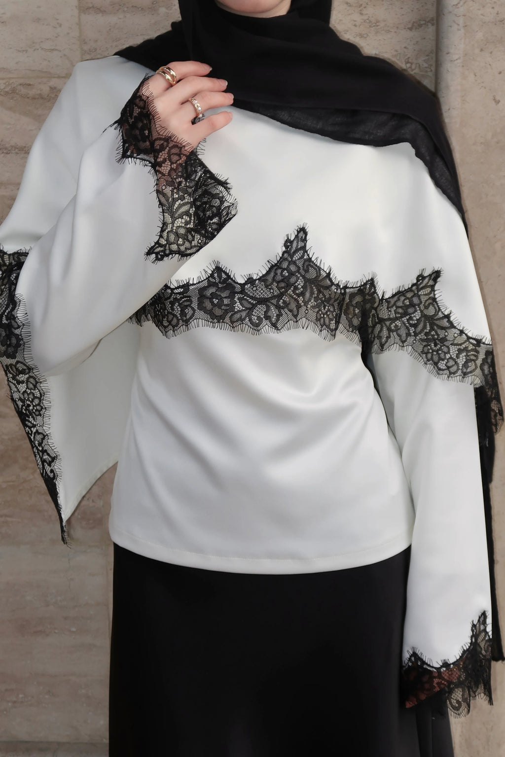 Lace-Trimmed Satin Modest Cape Blouse-White