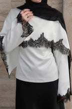 Lace-Trimmed Satin Modest Cape Blouse-White