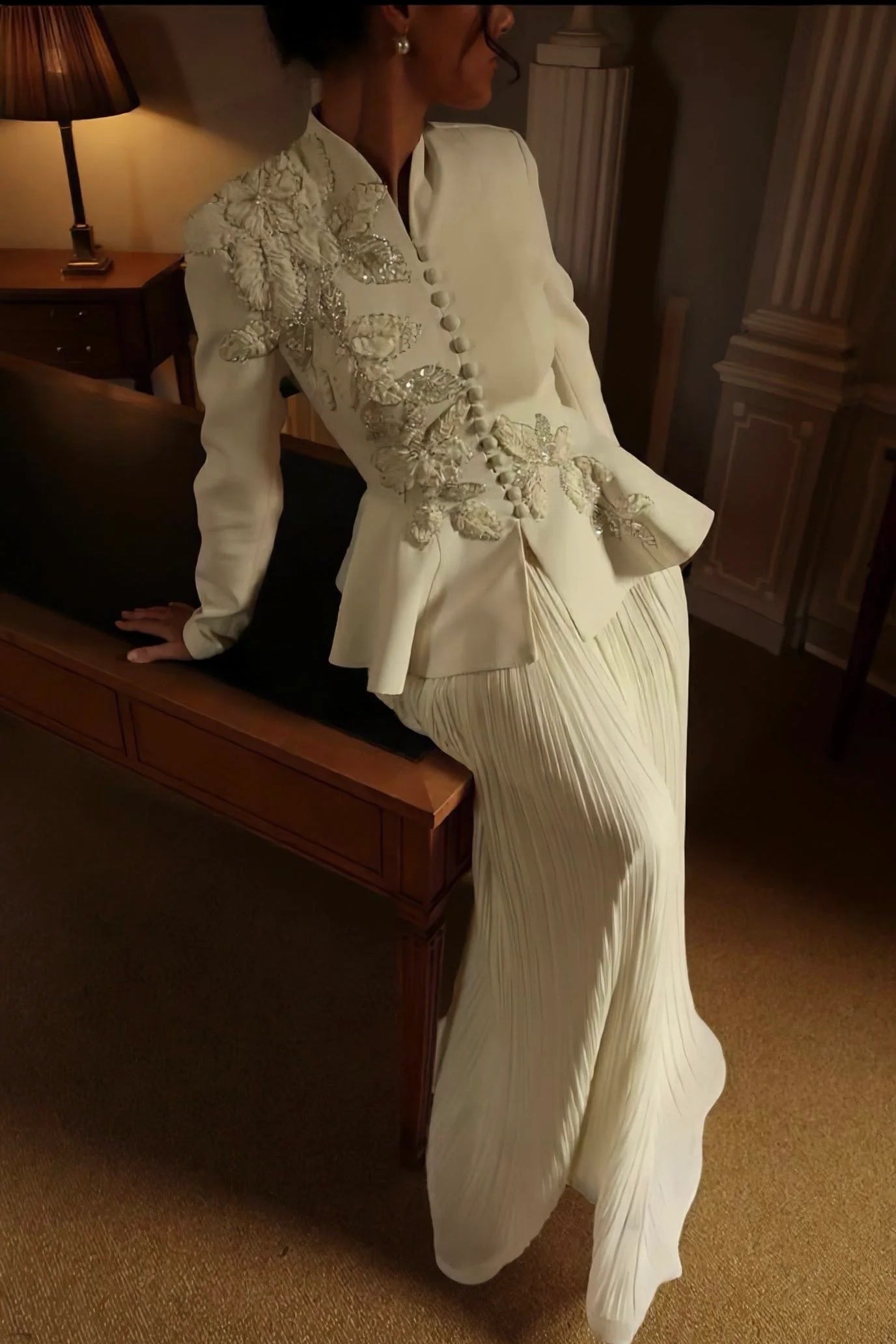 Embellished Peplum Jacket & Pleated Skirt Two-Piece Set-White