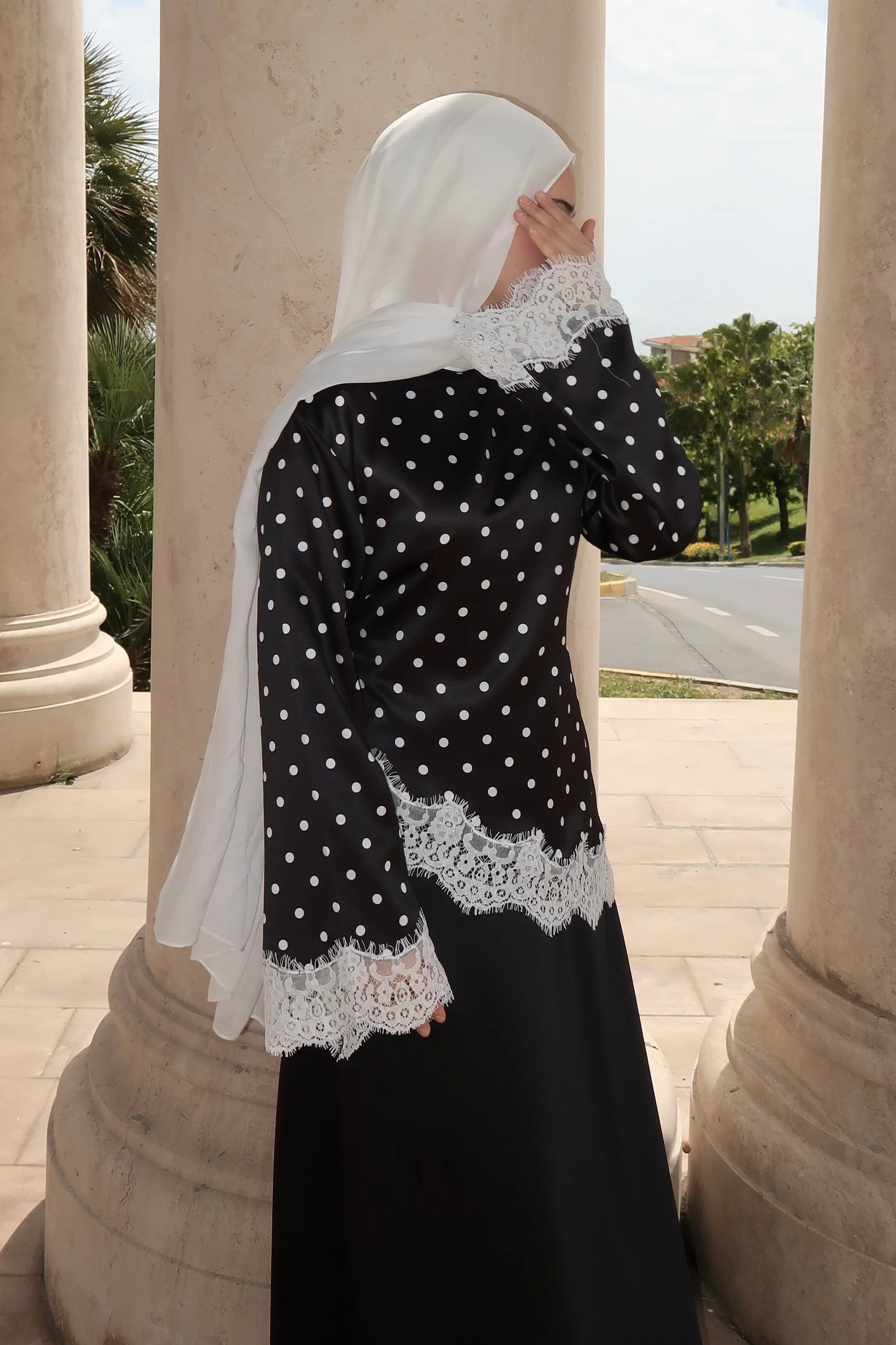 Polka Dot Embroidered Lace Hemline Tunic-Black