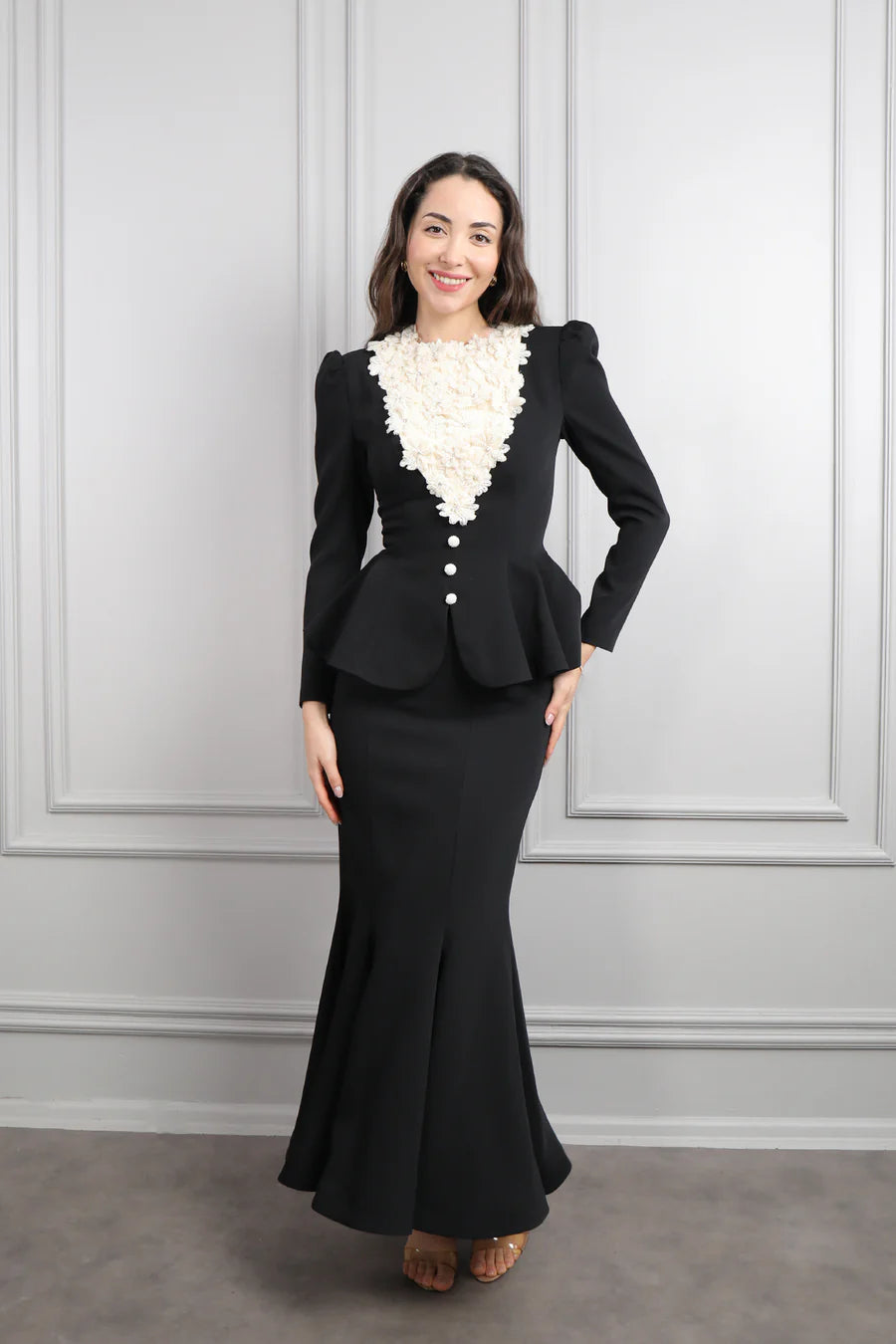 Mary Applique Peplum Skirt Set-Black