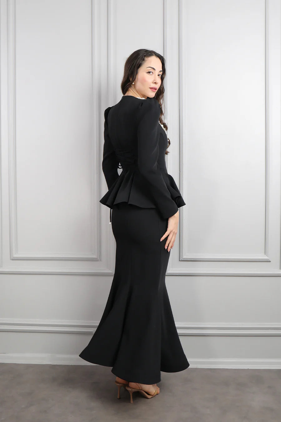 Mary Applique Peplum Skirt Set-Black