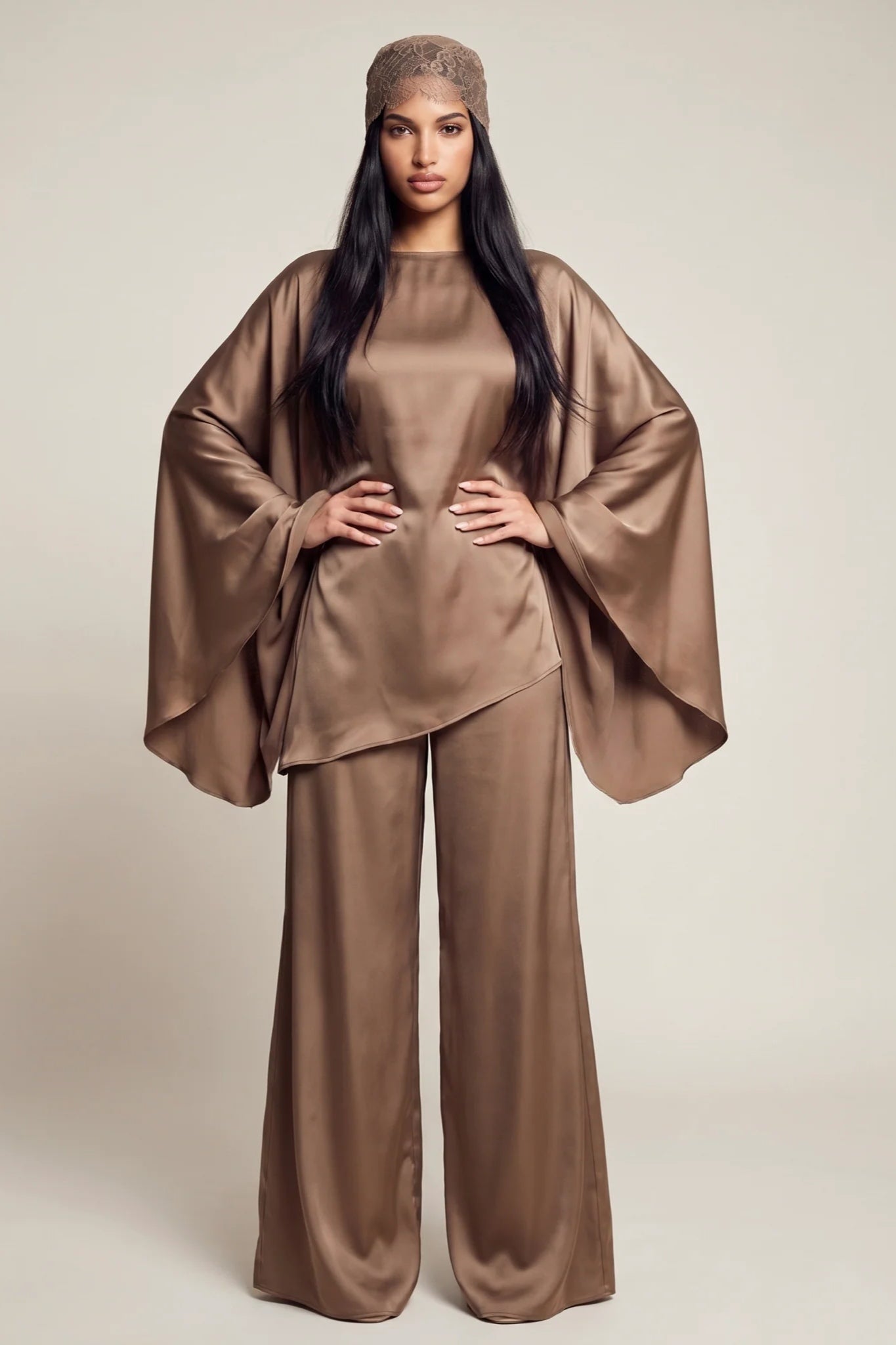 Sarah Cape Sleeve Pant Set-Brown