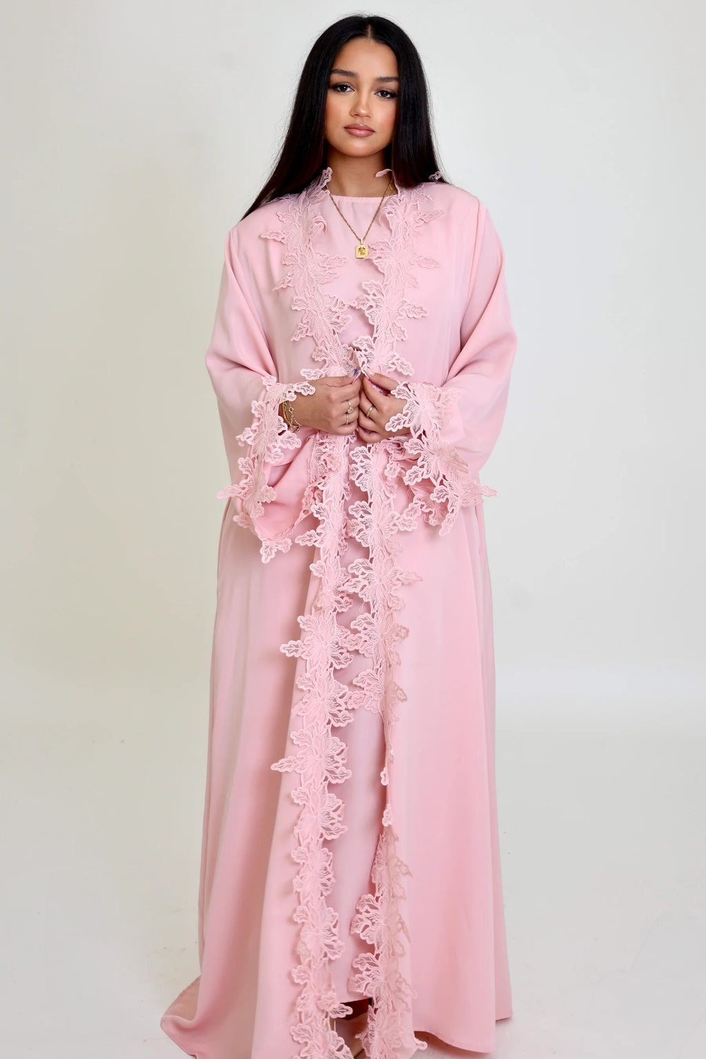 Sahara Floral Lace Trim Two Piece Abaya Set-Pink