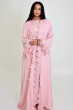 Sahara Floral Lace Trim Two Piece Abaya Set-Pink