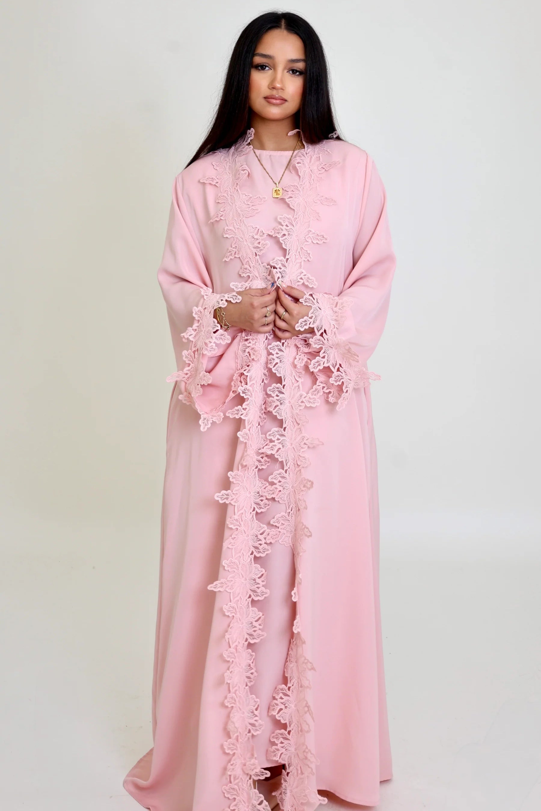 Sahara Floral Lace Trim Two Piece Abaya Set-Pink