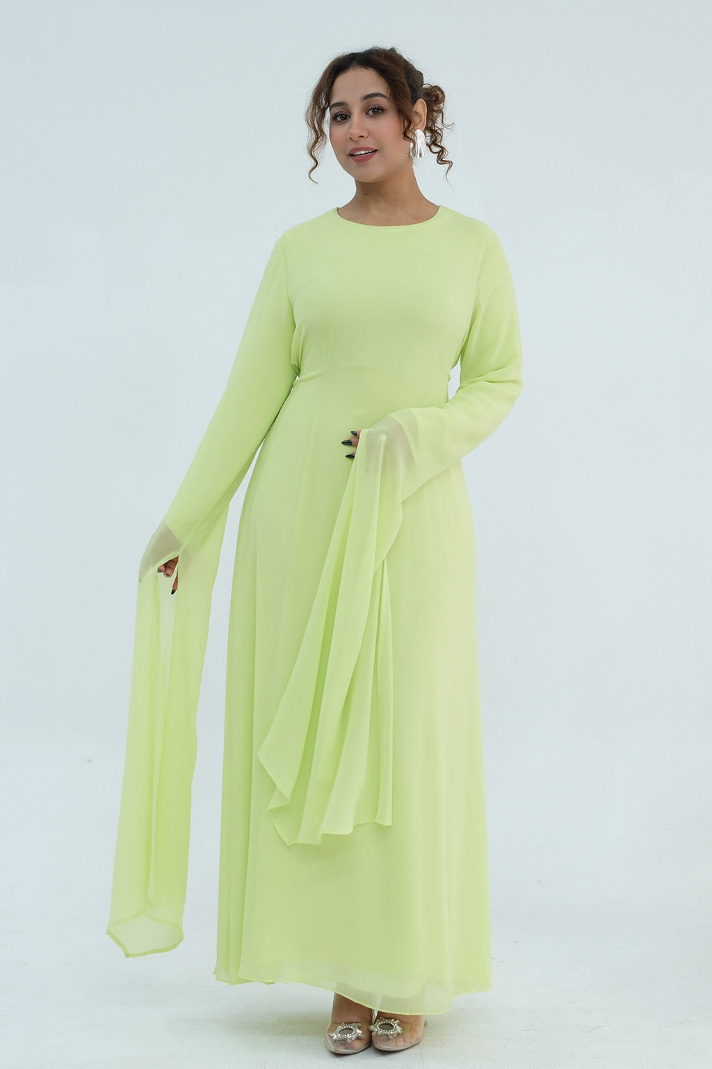 Nur Round Neck Streamer Sleeve Maxi Dress-Green