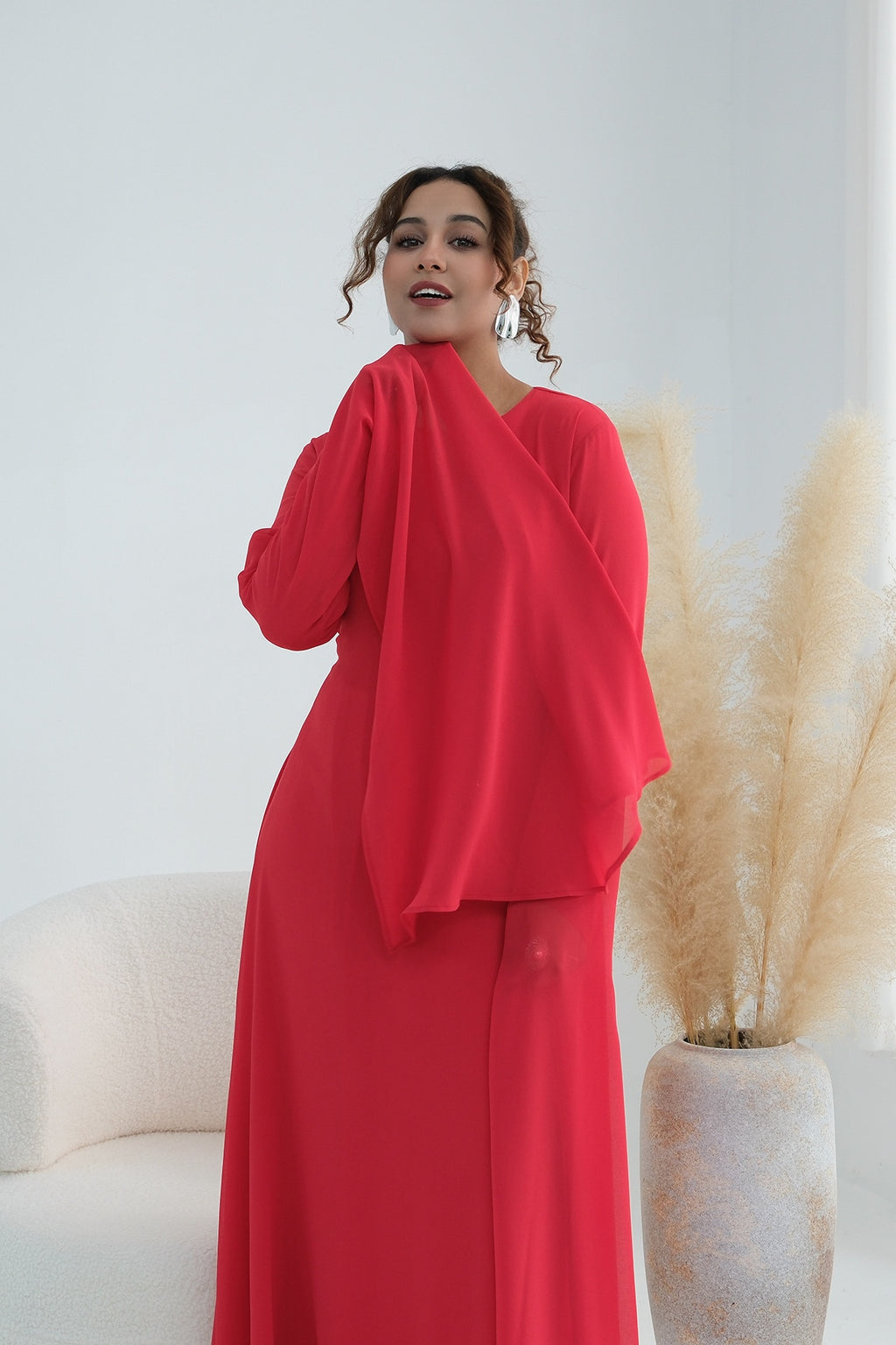 Nur Round Neck Streamer Sleeve Maxi Dress-Red