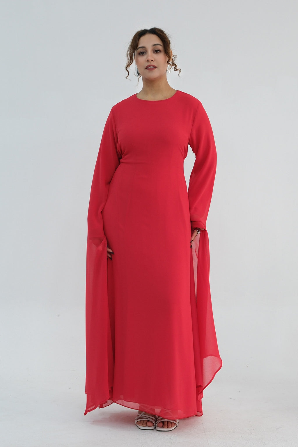 Nur Round Neck Streamer Sleeve Maxi Dress-Red