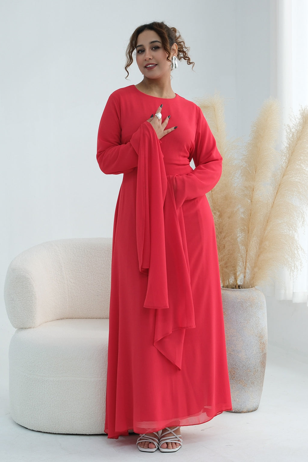 Nur Round Neck Streamer Sleeve Maxi Dress-Red