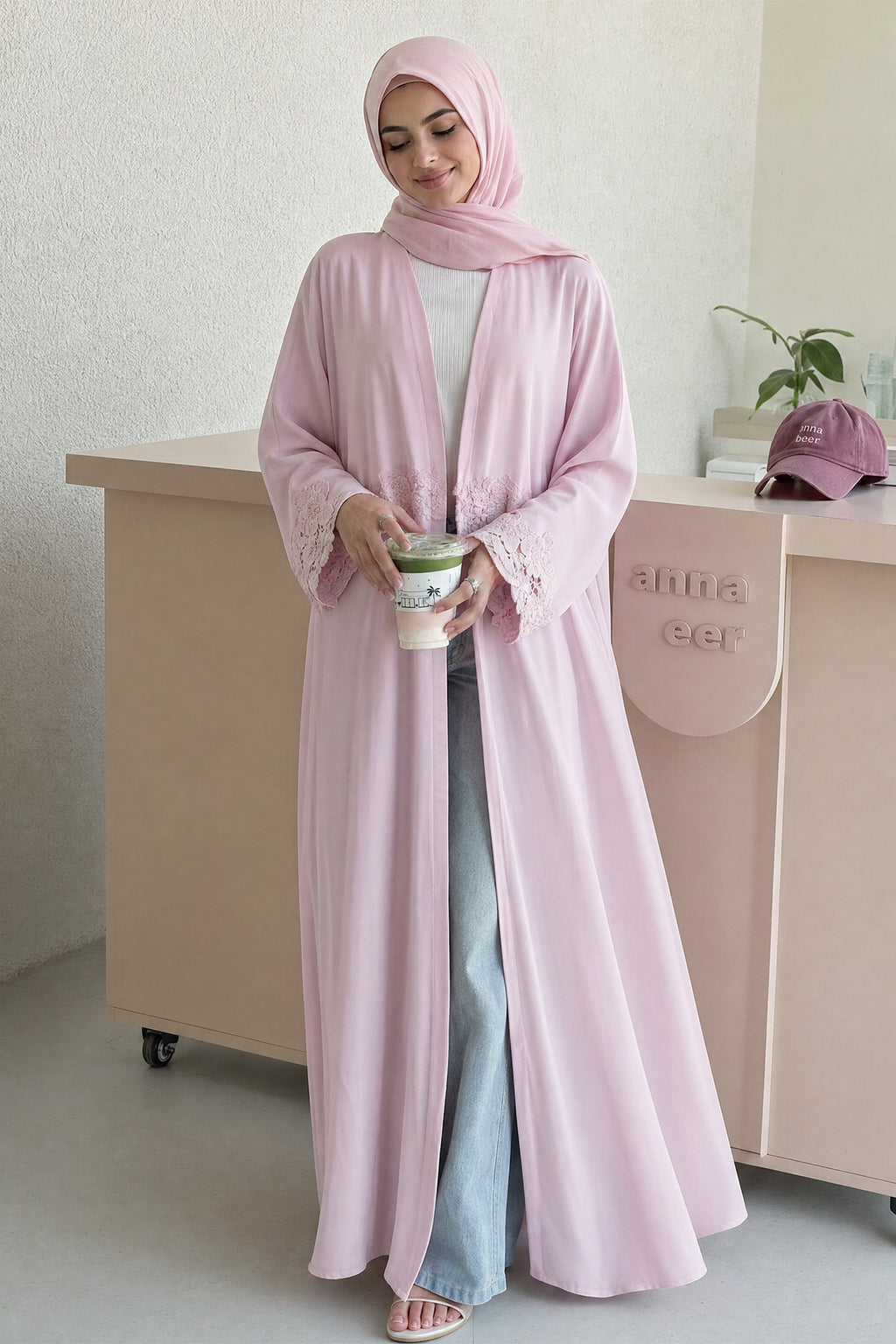 Aisha Lace Trim Open Front Maxi Abaya-Pink