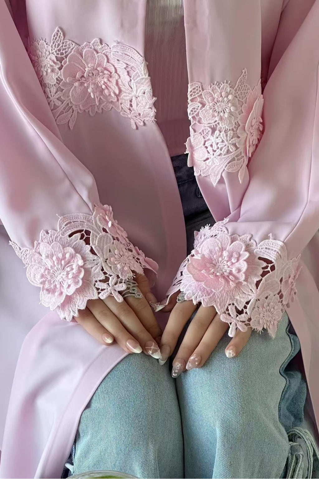 Aisha Lace Trim Open Front Maxi Abaya-Pink