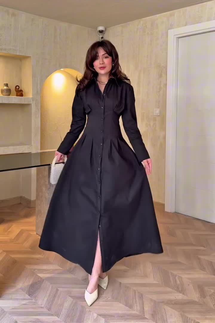 Dina Collared Button Pleated Maxi Shirt Dress-Black