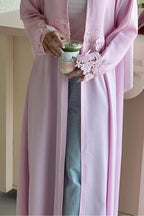 Aisha Lace Trim Open Front Maxi Abaya-Pink