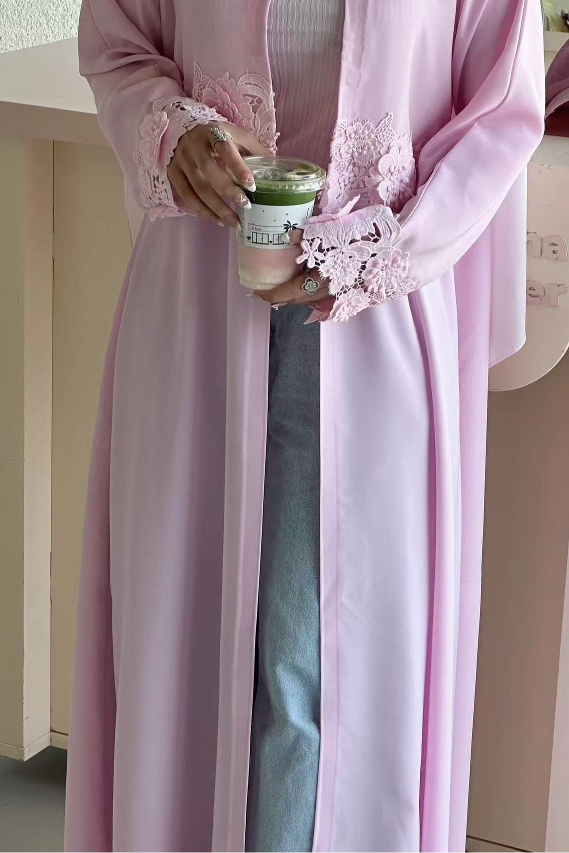 Aisha Lace Trim Open Front Maxi Abaya-Pink