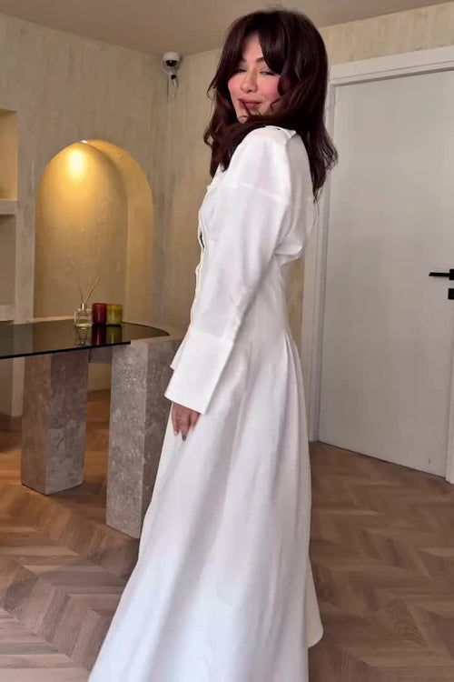 Dina Collared Button Pleated Maxi Shirt Dress-White