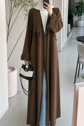 Aisha Lace Trim Open Front Maxi Abaya-Coffee