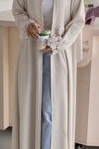 Aisha Lace Trim Open Front Maxi Abaya-Grey