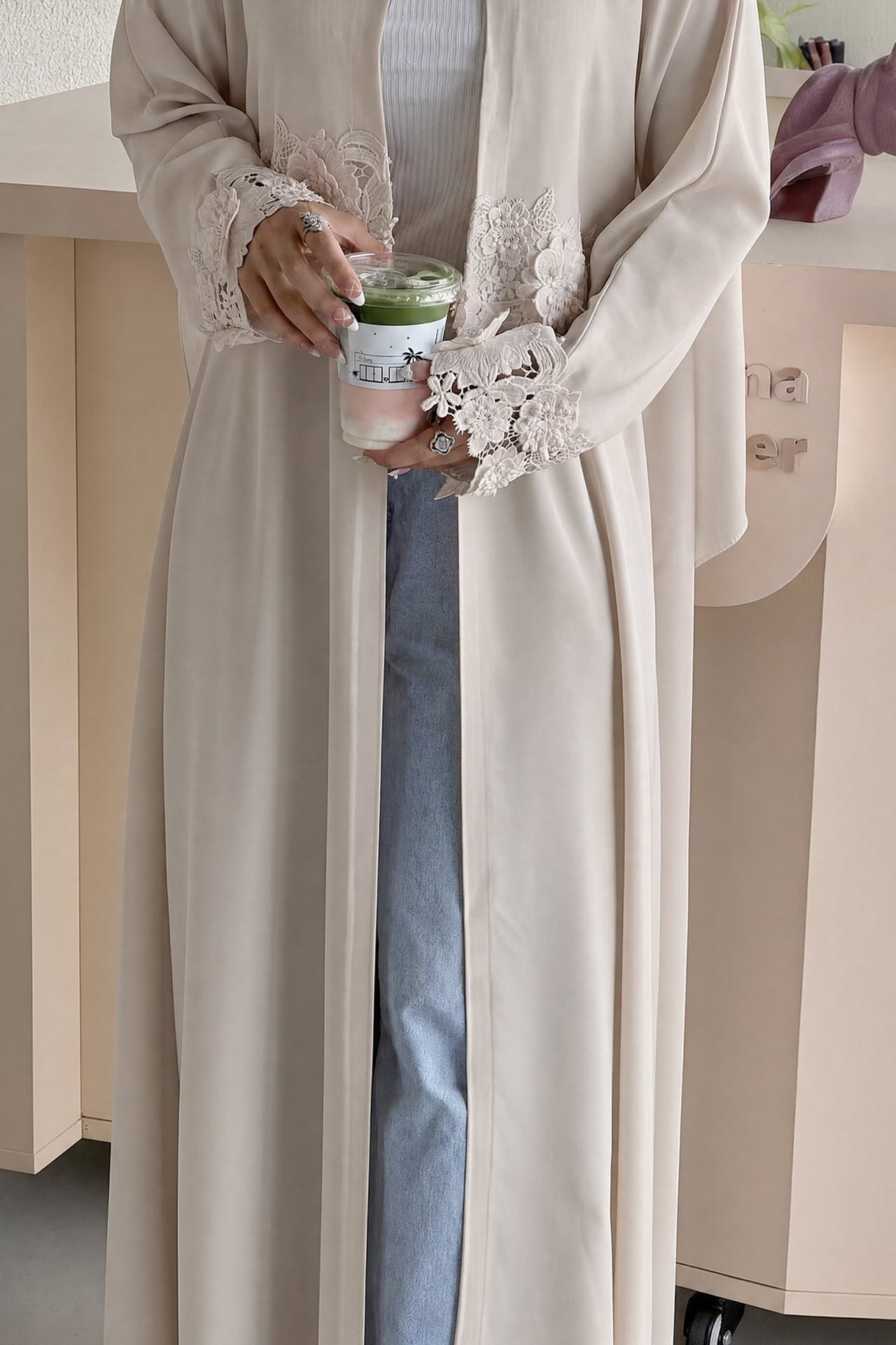 Aisha Lace Trim Open Front Maxi Abaya-Grey