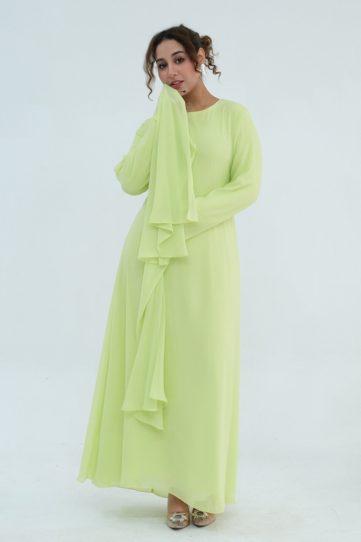 Nur Round Neck Streamer Sleeve Maxi Dress-Green