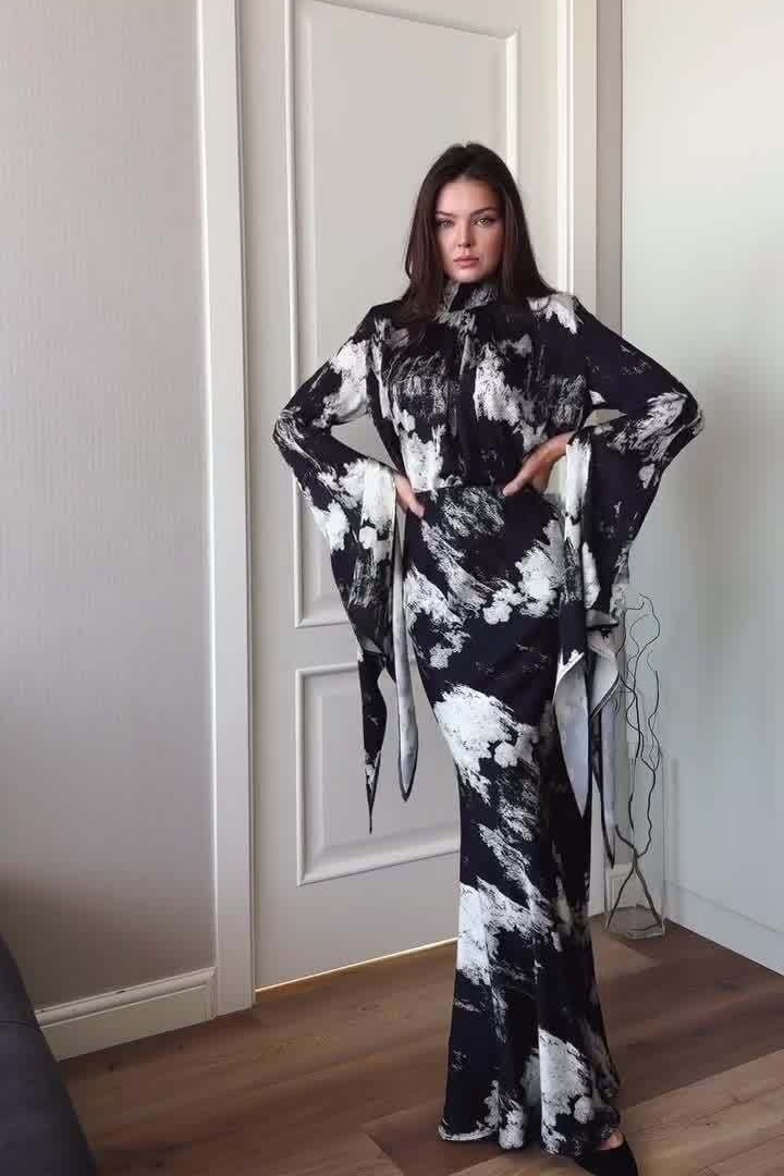 Maya Tie Neck Abstract Print Flare Sleeve Maxi Dress