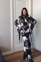 Maya Tie Neck Abstract Print Flare Sleeve Maxi Dress