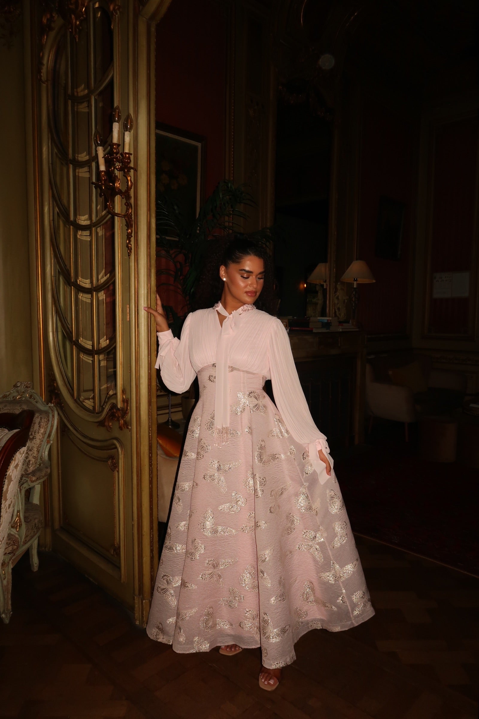 Elegant Gold-Stamped Romantic Long Sleeve Maxi Dress-Pink