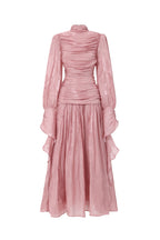 Viky Resort Waist-Defining Long Sleeve Ruched Woven Dark Pink Maxi Dress	