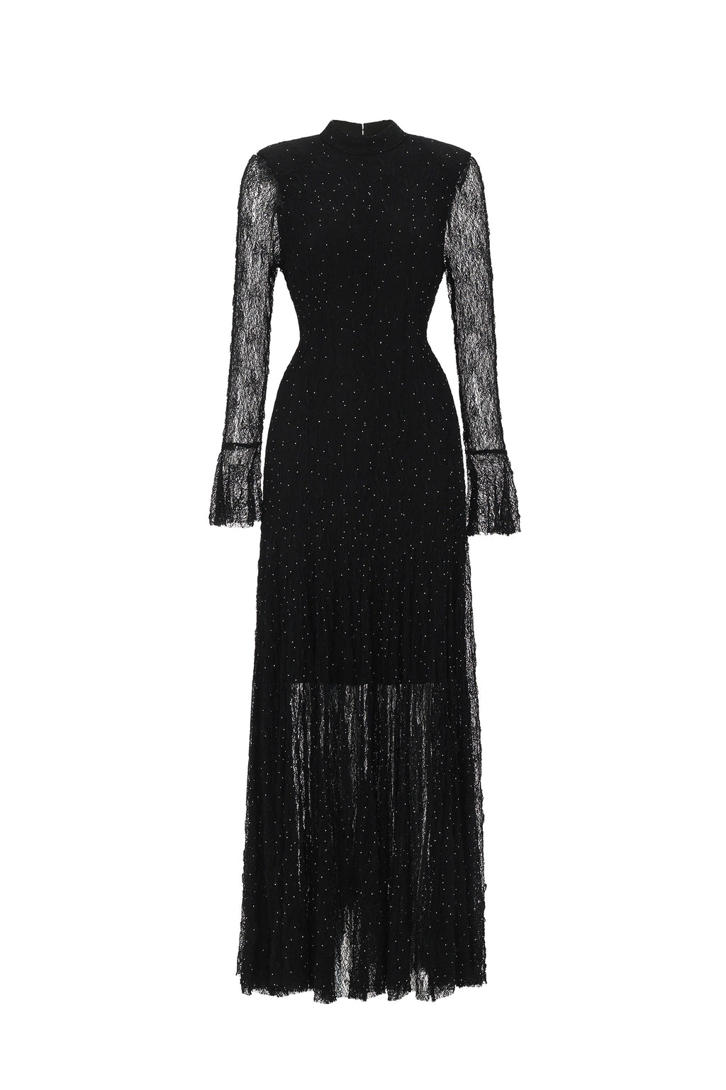 Hunter Elegant Contour Long Sleeve Crystal Lace Black Maxi Dress	