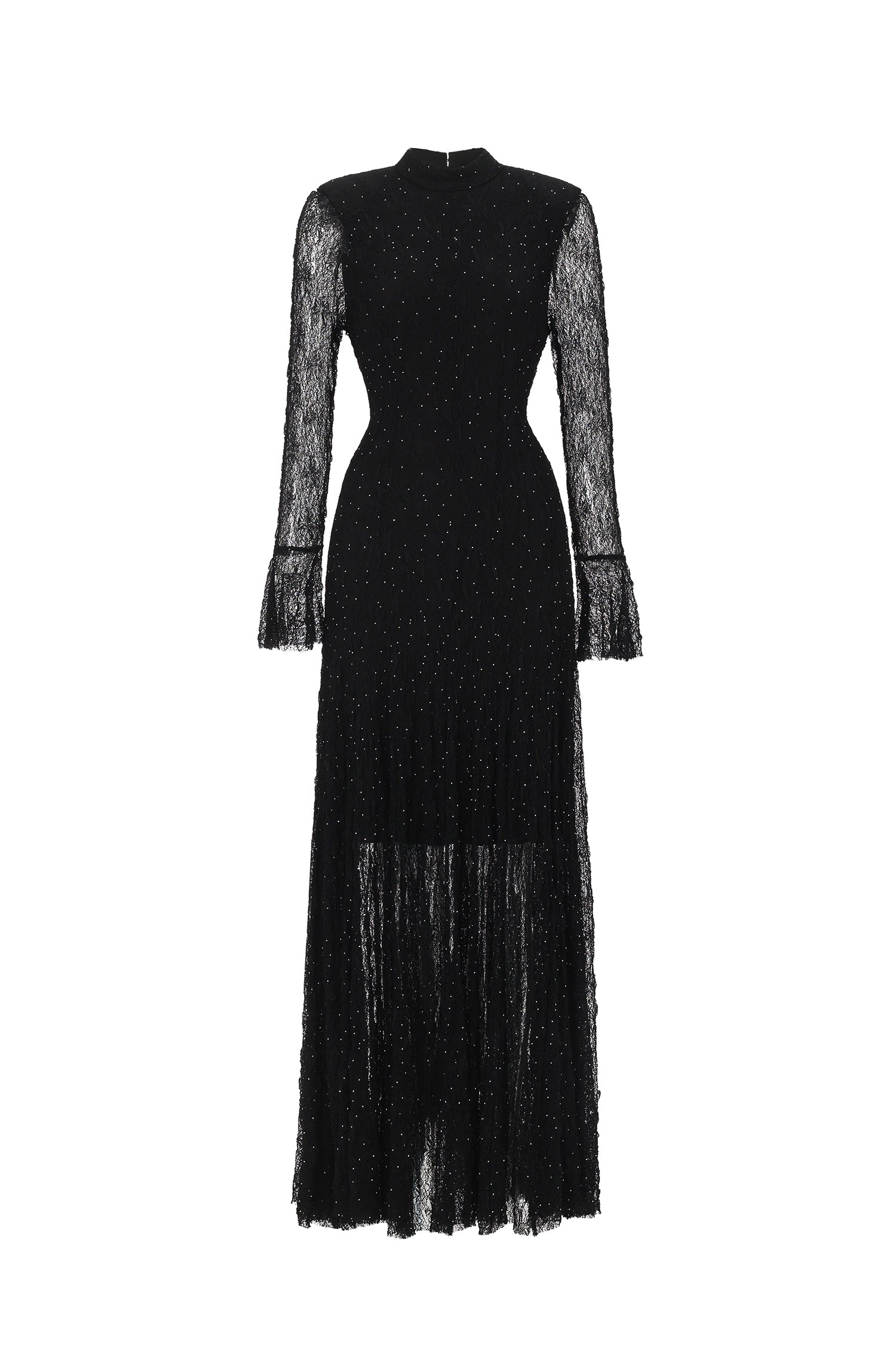Hunter Elegant Contour Long Sleeve Crystal Lace Black Maxi Dress	