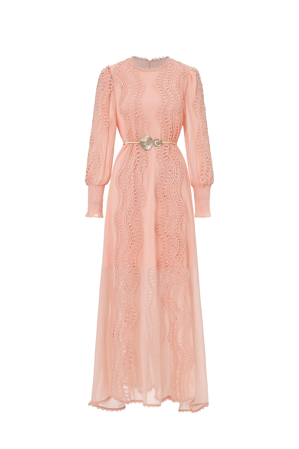 Pola Resort Flowy Round Neck Long Sleeve Floral Lace Woven Pink Maxi Dress	