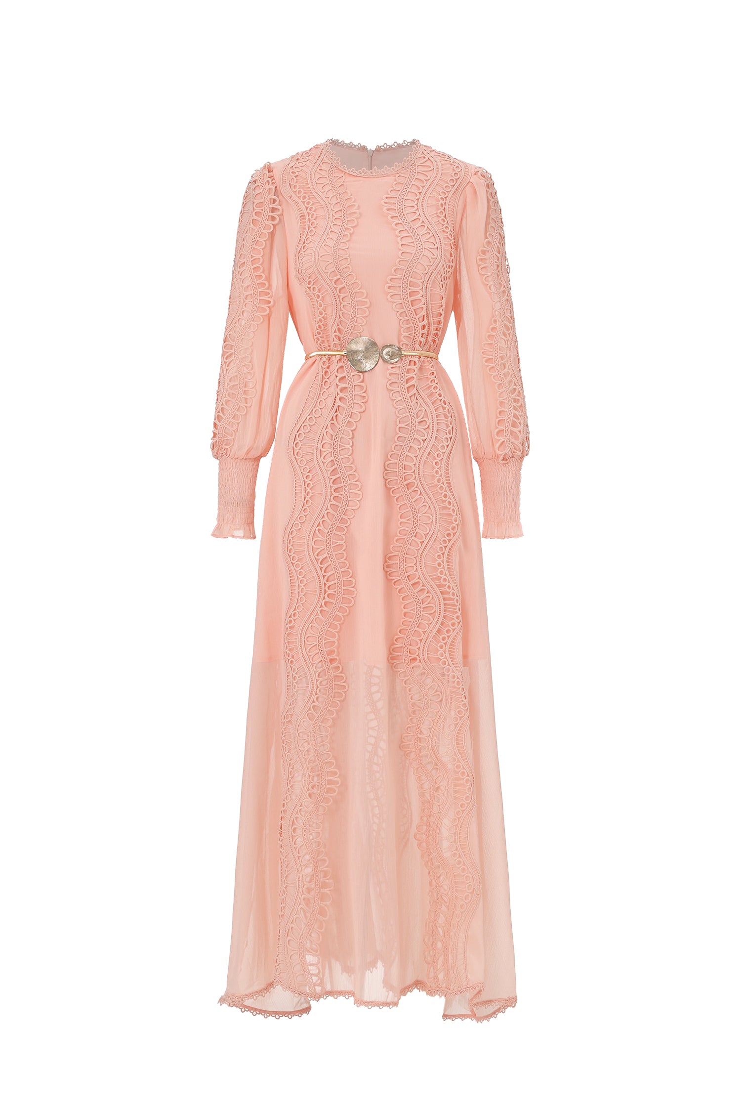 Pola Resort Flowy Round Neck Long Sleeve Floral Lace Woven Pink Maxi Dress	