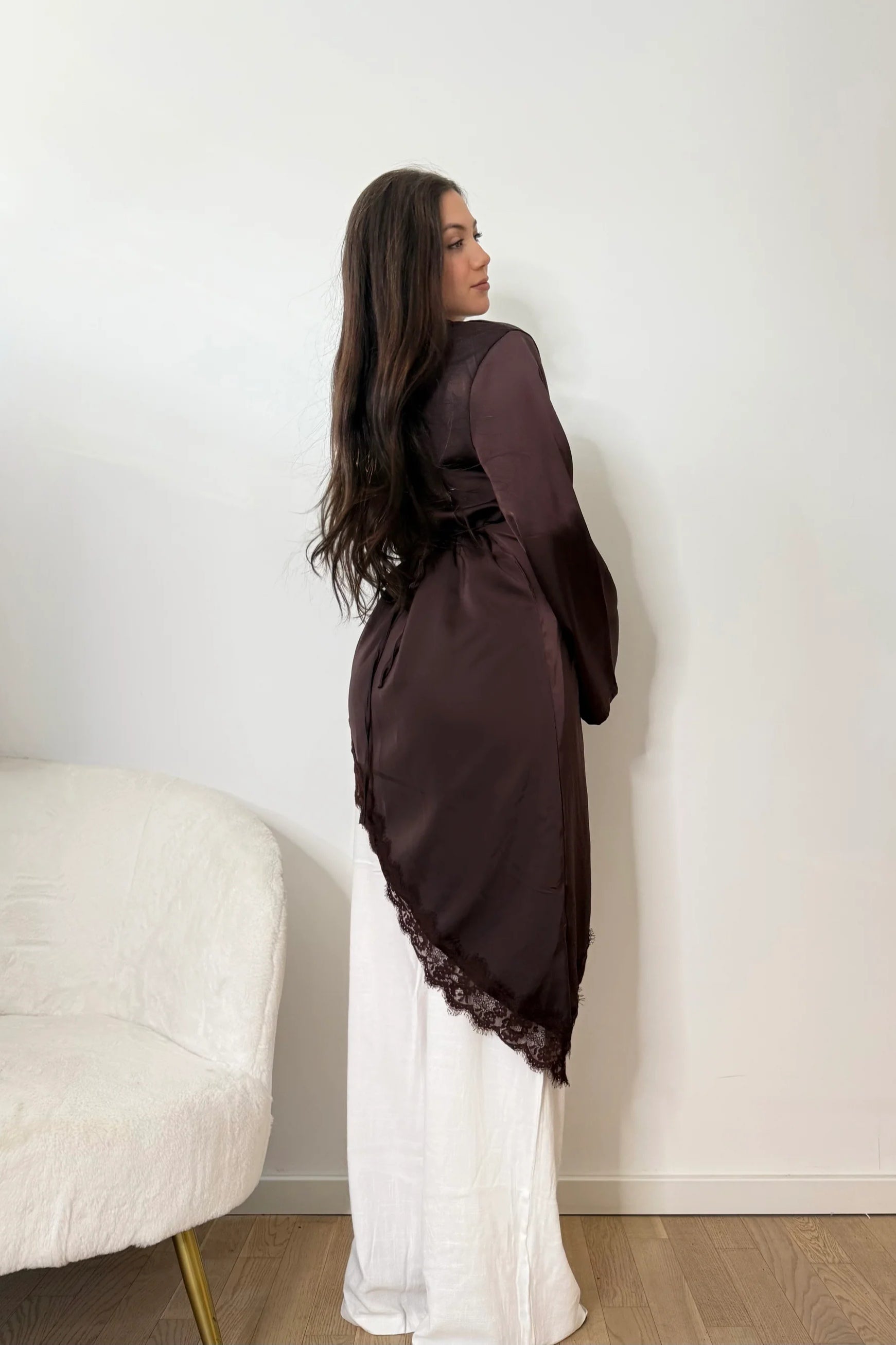 Lace-Trimmed Asymmetric Satin Modest Tunic-Coffee