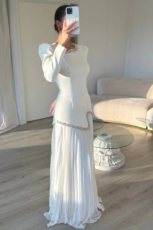 Emily Rhinestone Pleated Maxi Dress-White
