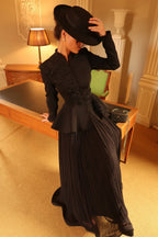 Embellished Peplum Jacket & Pleated Skirt Two-Piece Set-Black