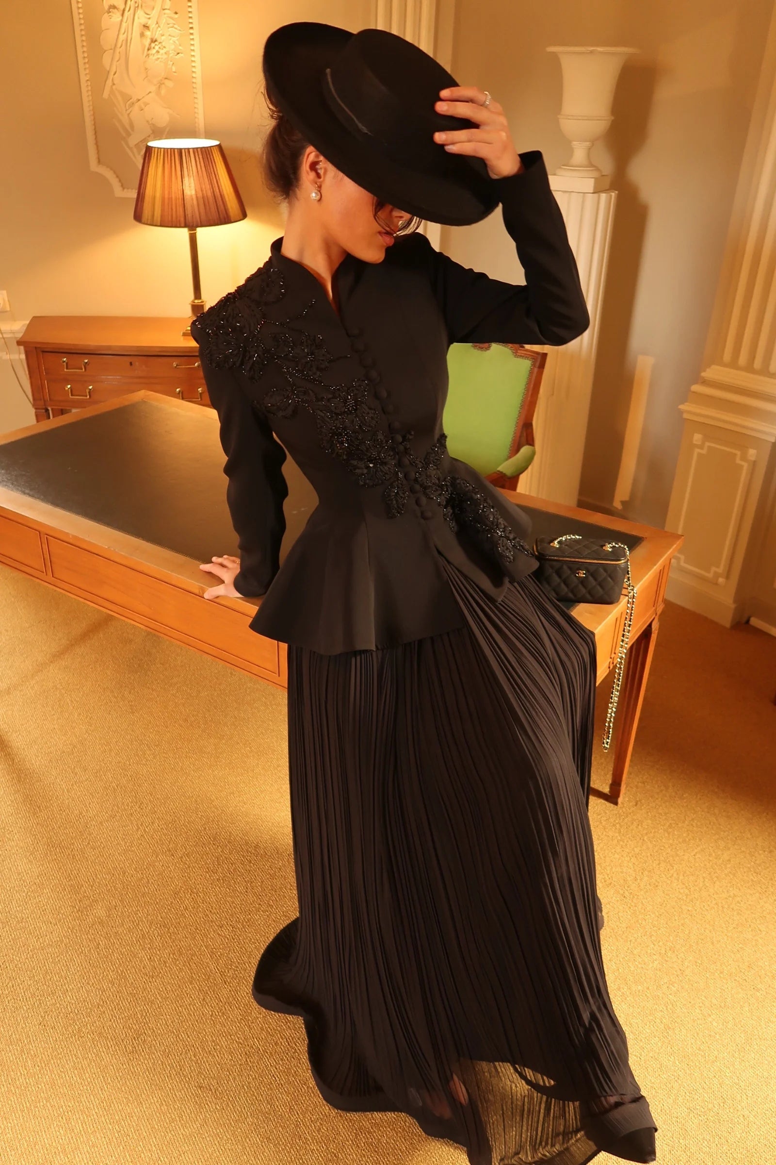 Embellished Peplum Jacket & Pleated Skirt Two-Piece Set-Black