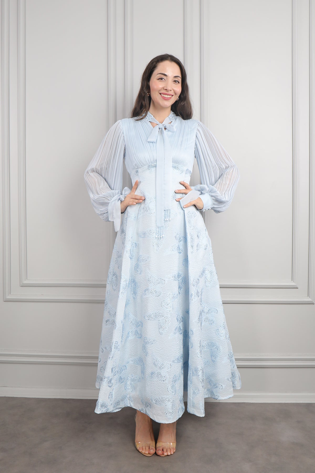 Elegant Gold-Stamped Romantic Long Sleeve Maxi Dress-Blue