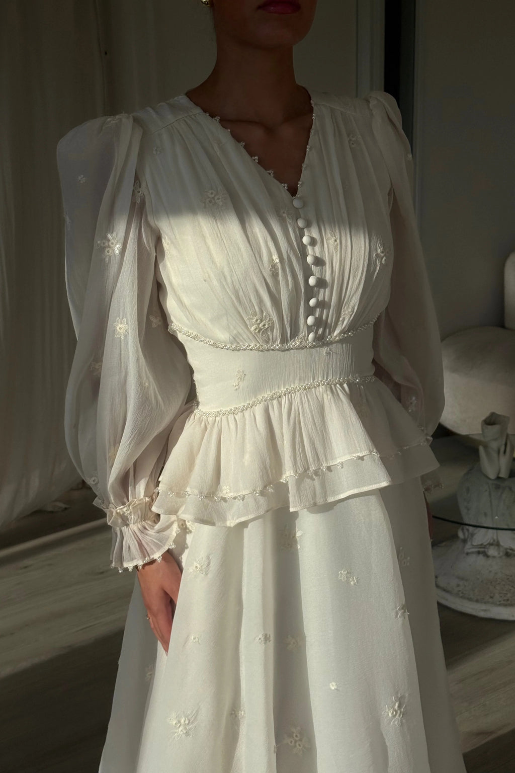 Isabella V-Neck Embroidered Peplum Maxi Dress