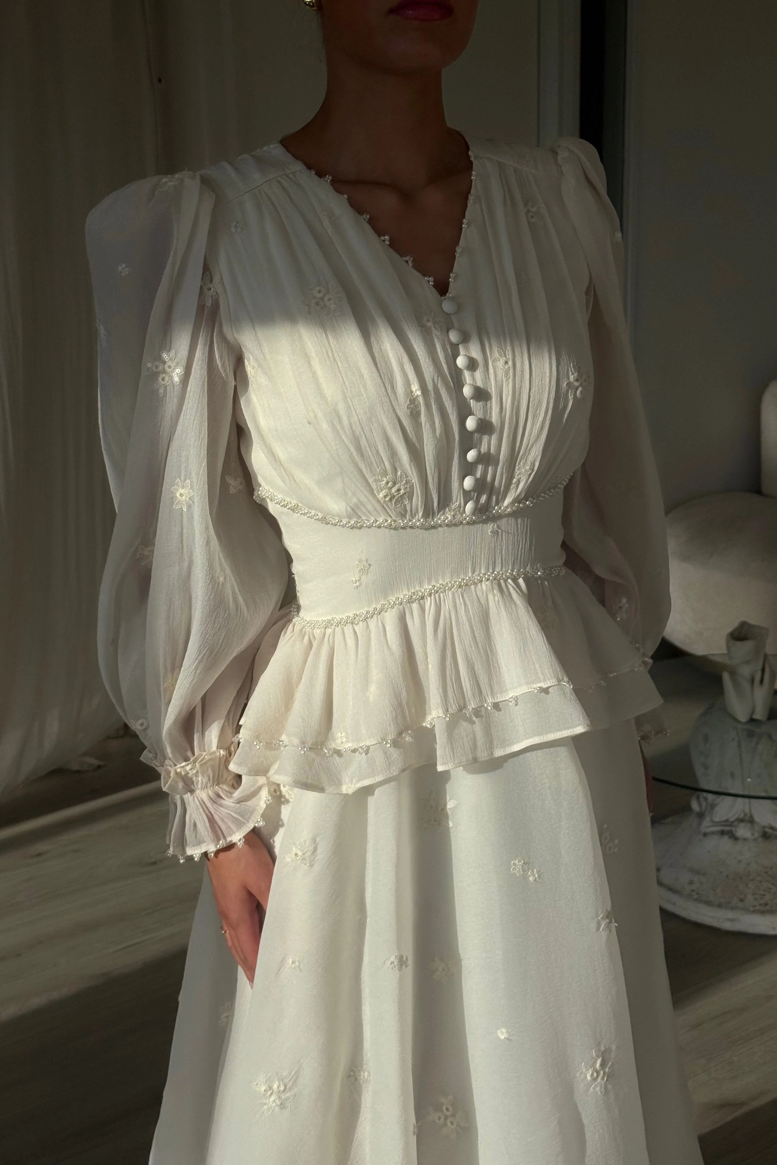 Isabella V-Neck Embroidered Peplum Maxi Dress