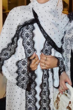 Nadia Lace‑Trimmed Polka‑Dot Abaya Set-White