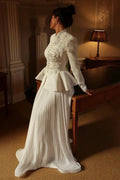 Embellished Peplum Jacket & Pleated Skirt Two-Piece Set-White