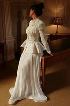 Embellished Peplum Jacket & Pleated Skirt Two-Piece Set-White