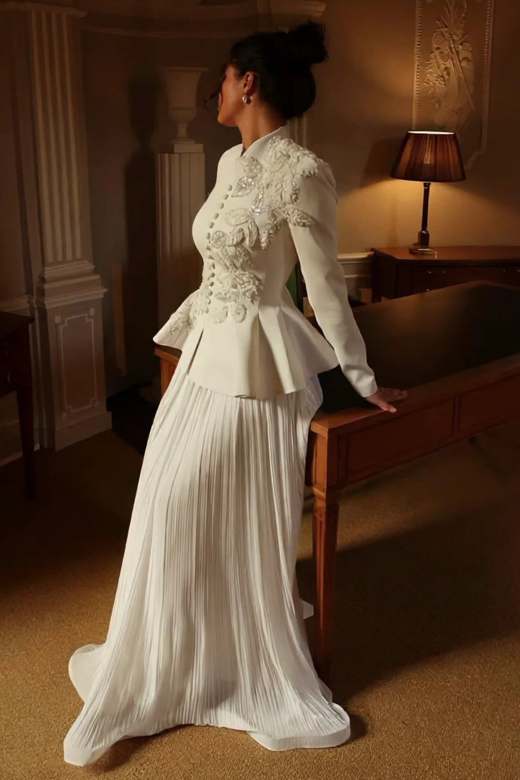 Embellished Peplum Jacket & Pleated Skirt Two-Piece Set-White