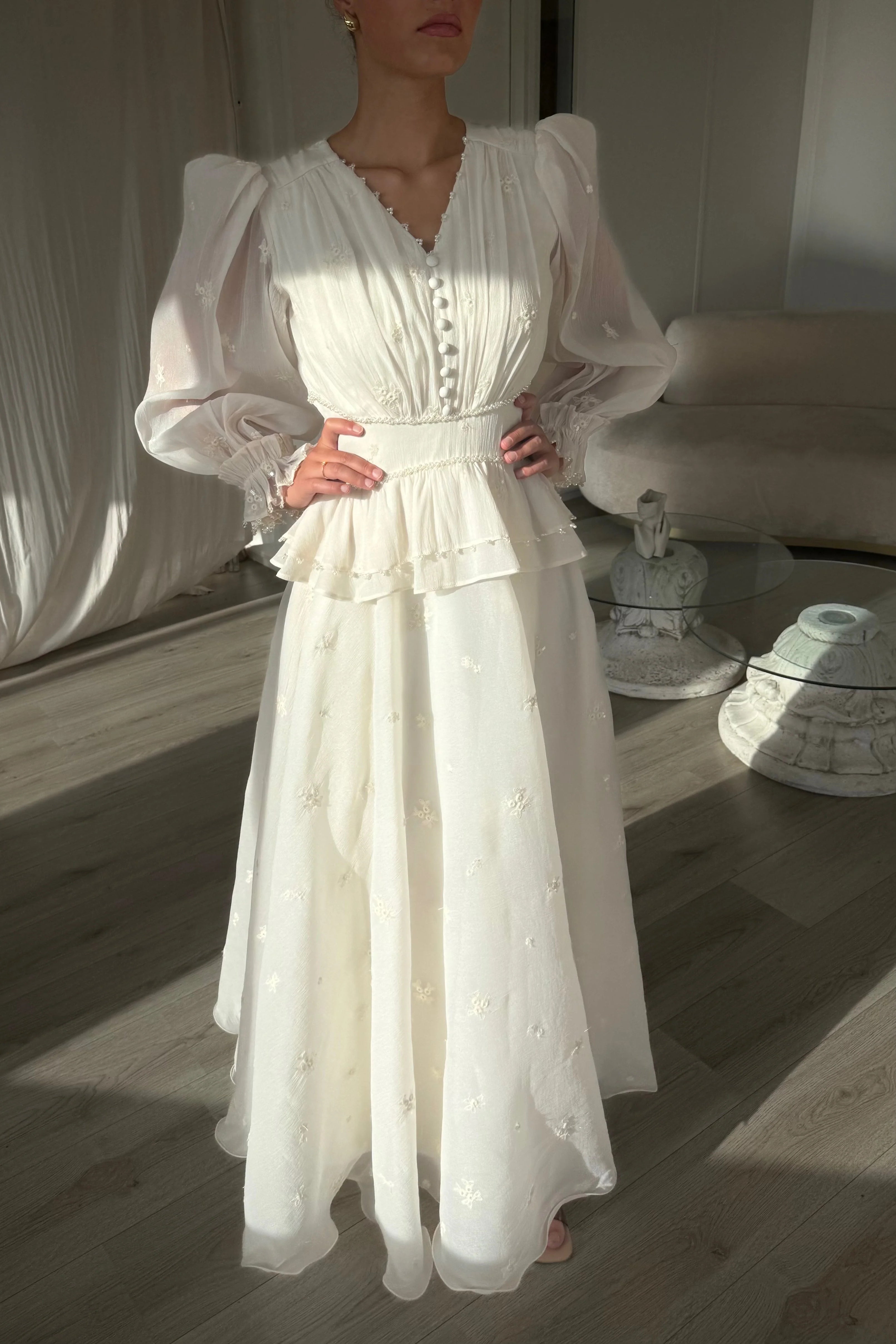 Isabella V-Neck Embroidered Peplum Maxi Dress