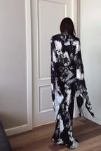 Maya Tie Neck Abstract Print Flare Sleeve Maxi Dress