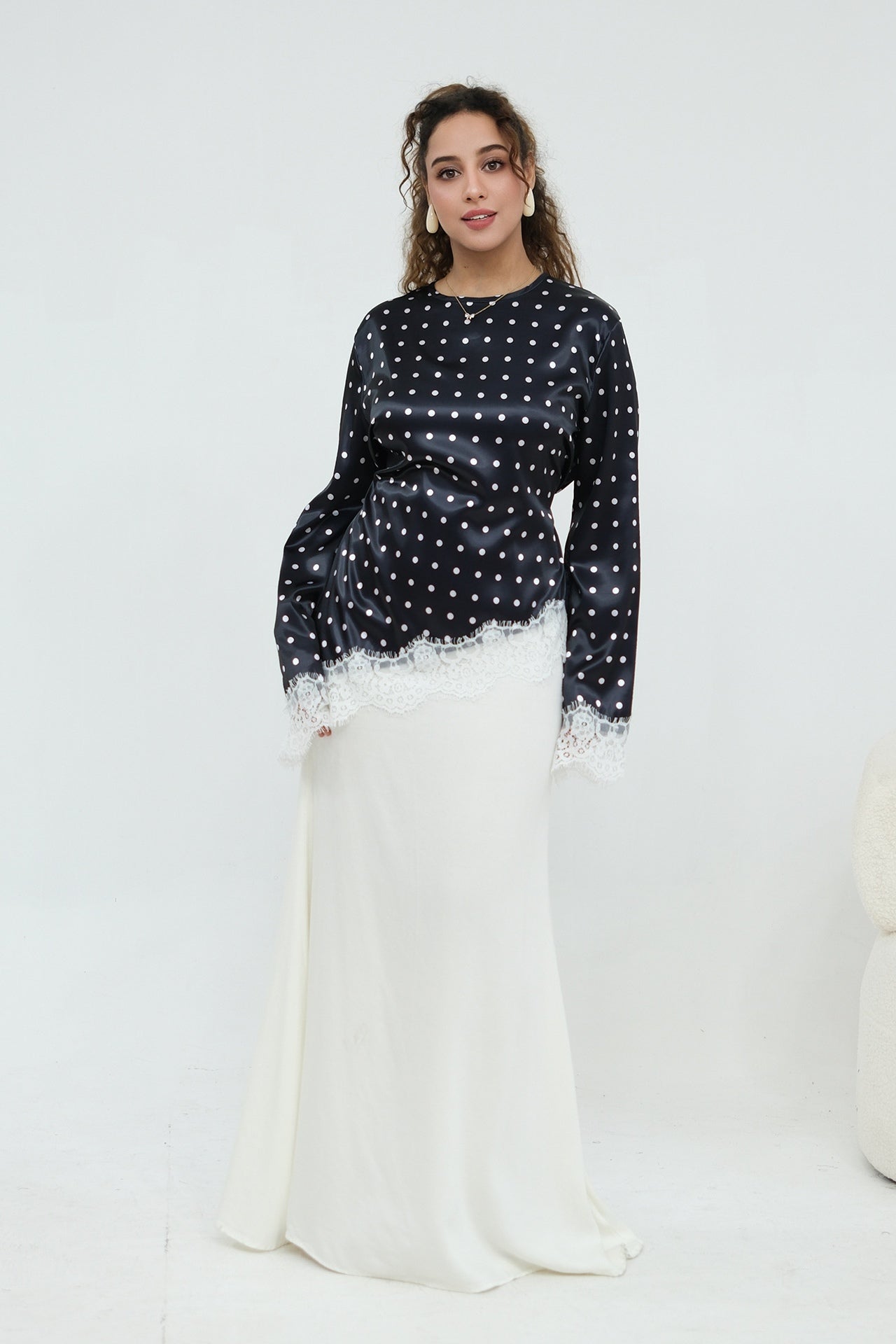 Zahra Polka Dot Lace Trim Satin Blouse-Black