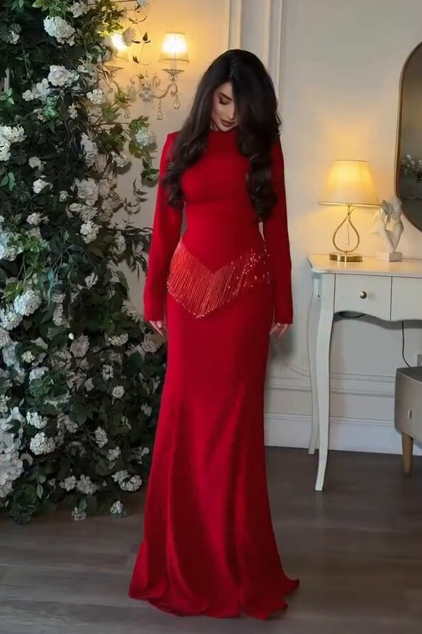 Serina Fringe Trim Mermaid Maxi Dress-Red